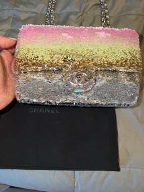 CHANEL Multicolor Sequin Mini Flap Bag in Pink, Lime & Silver
